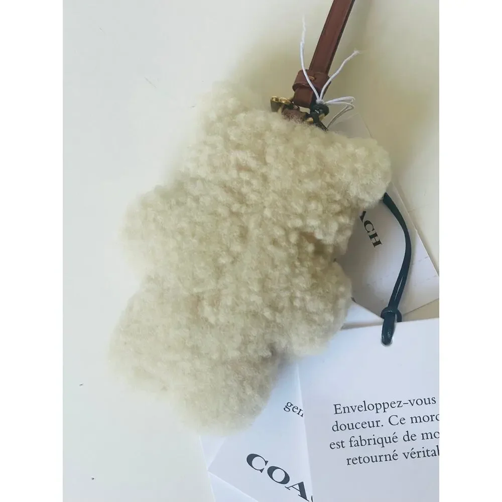 Coach Bear Puffy Bag Charm Teddy Shearling Leather Beige CDD52
